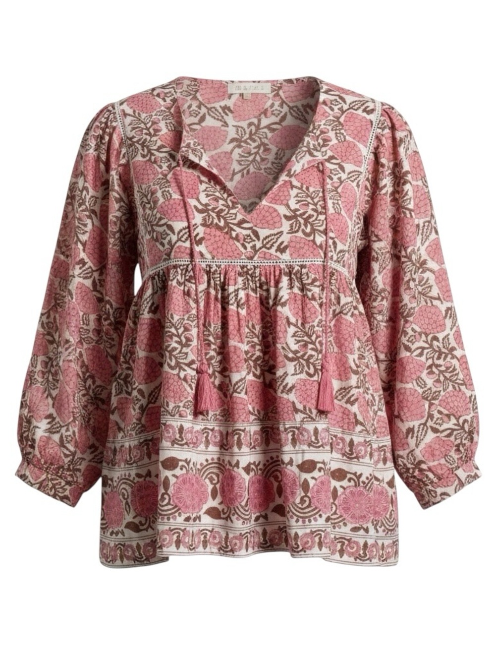 Marea Floral Blouse Billow Sleeve Tassel Neck Cotton Size XS